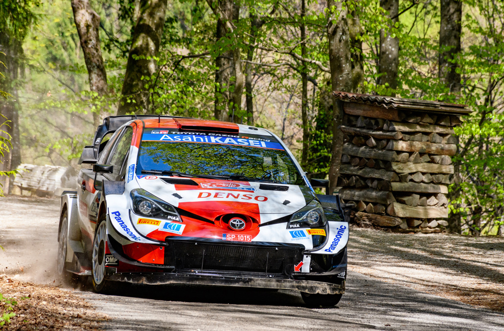 Samobor, Croatia – April 24, 2021: Sebastien Ogier in his Toyota Yaris Gazoo at WRC Croatia 2021 special stage
