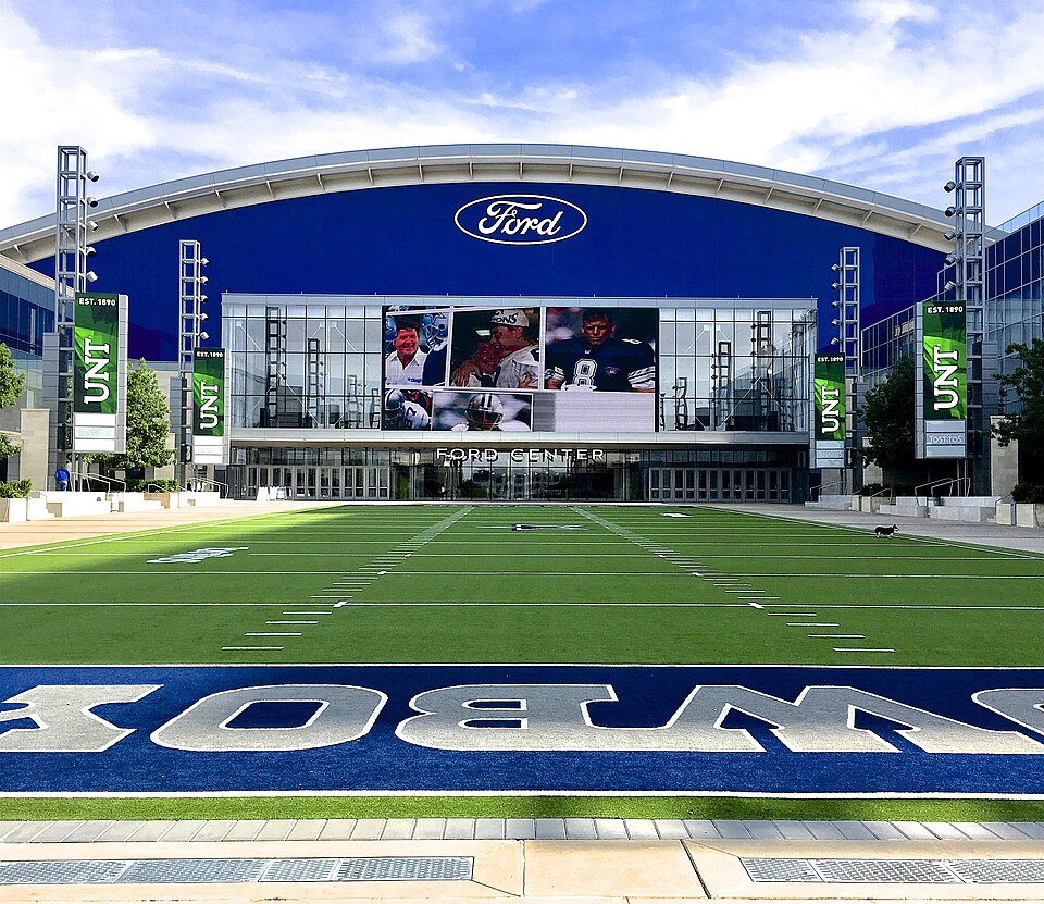 Tositios Championship Plaza, an open-air plaza with a miniature representation of an official field at the entrance of Ford Center at the Star in Frisco, Texas