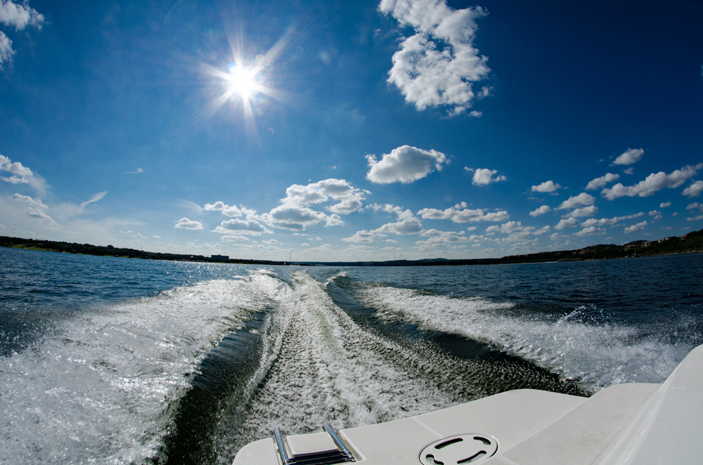 Fish-eye view of the lake of the Lake Travis, Texas from a boat