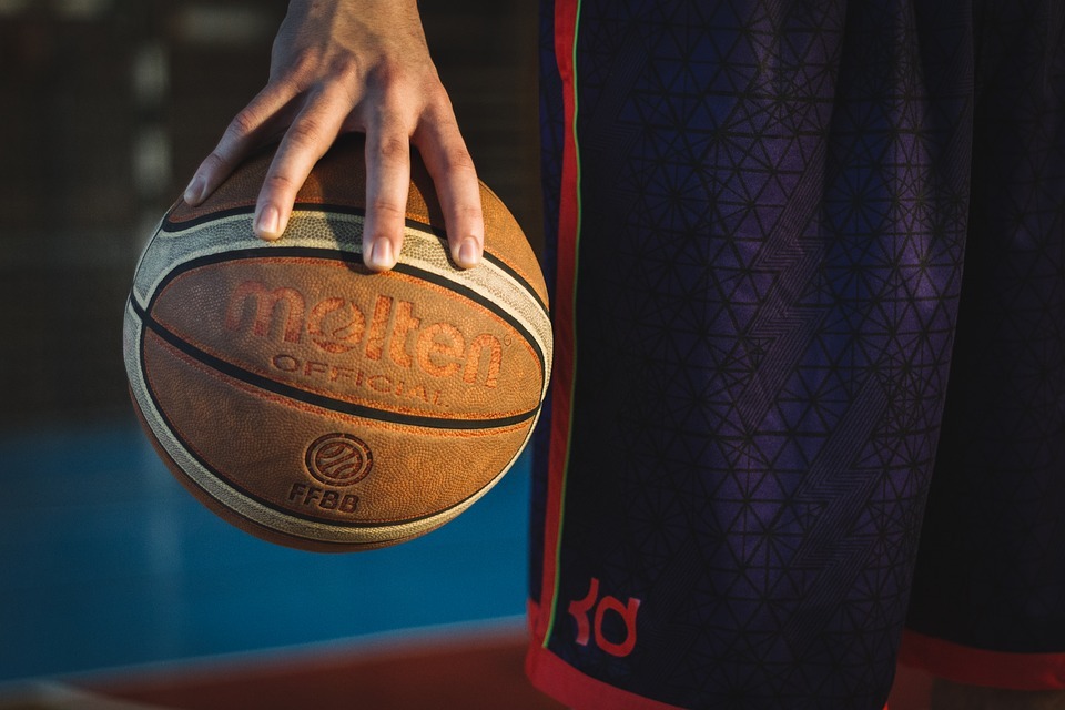 basketball, hand holding a basketball, kd basketball shorts, basketball court